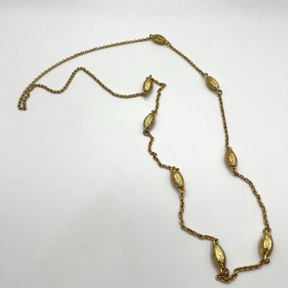 Vintage Gold Tone Chain Necklace w/ Embossed Oval Beads Retro Costume Boho MCM - Picture 3 of 5
